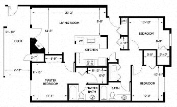 Floor plan for 3 beds, 2 baths, 1251 sqft
